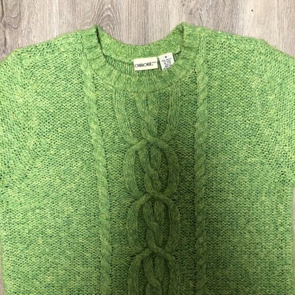 Vintage Size Medium Wool Blend Sweater Lime Green Chunky Cable Knit Cherokee - Picture 3 of 6